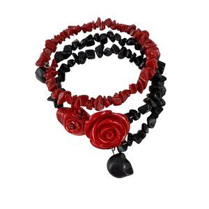 Gothic Red Black Rose Skull Beaded Memory Wire Bracelet Rockabilly Stretch